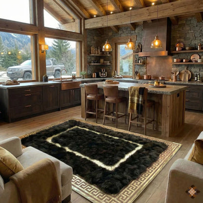 Dark Brown Genuine Fox Fur Area Rug with Gold Trim