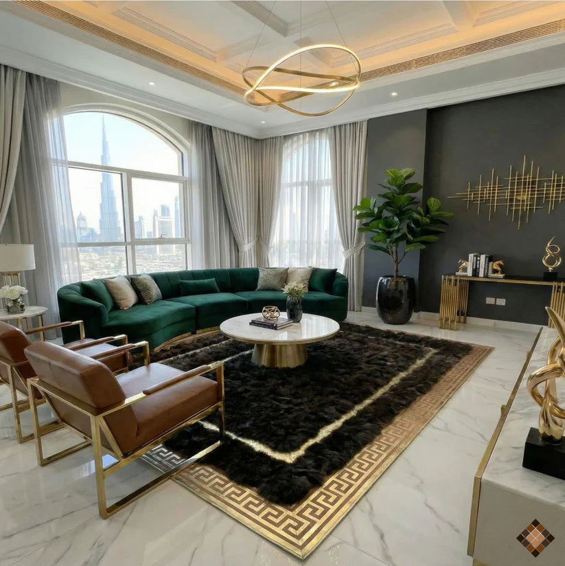 Dark Brown Genuine Fox Fur Area Rug with Gold Trim