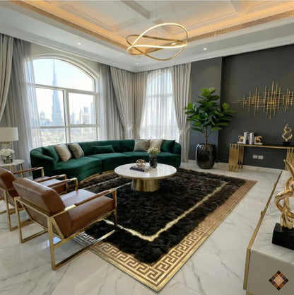 Dark Brown Genuine Fox Fur Area Rug with Gold Trim