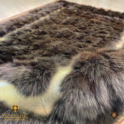 Dark Brown Genuine Fox Fur Area Rug with Gold Trim