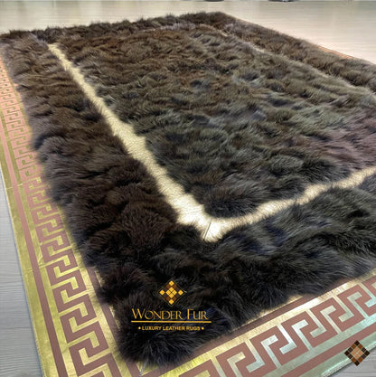 Dark Brown Genuine Fox Fur Area Rug with Gold Trim