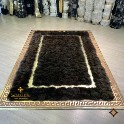 Dark Brown Genuine Fox Fur Area Rug with Gold Trim