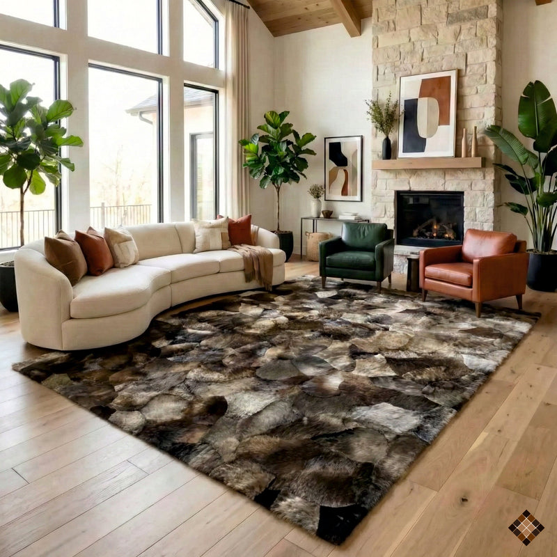 Handmade natural brown lambakin fur rug with earth-toned patchwork design