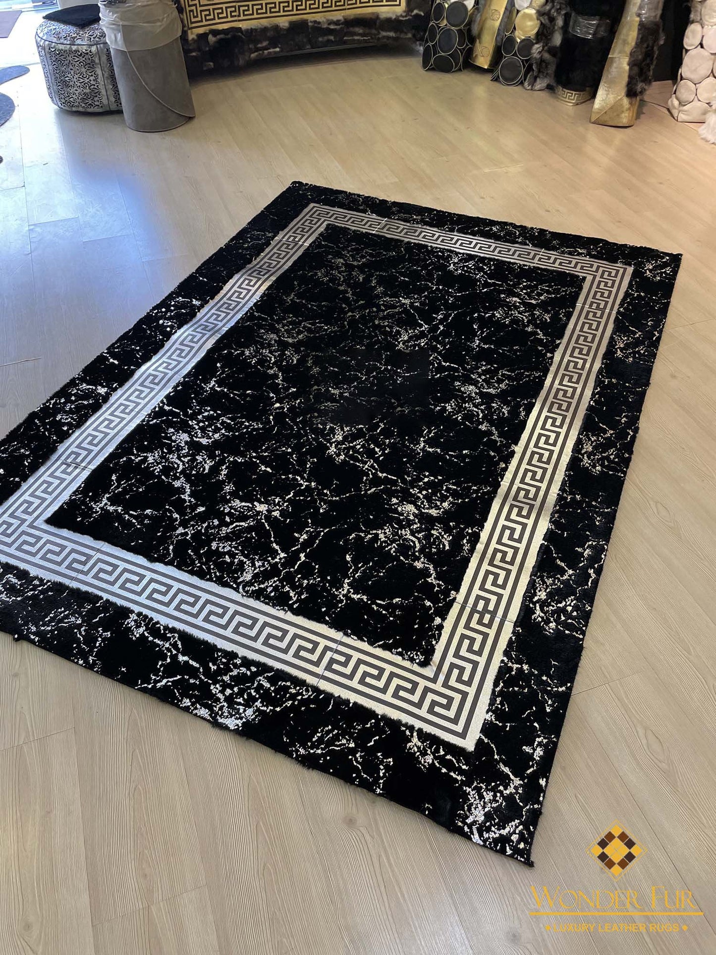 Elegant Unique Black And Silver Faux Fur Bedroom 6x8 Rug ,Handmade Rug