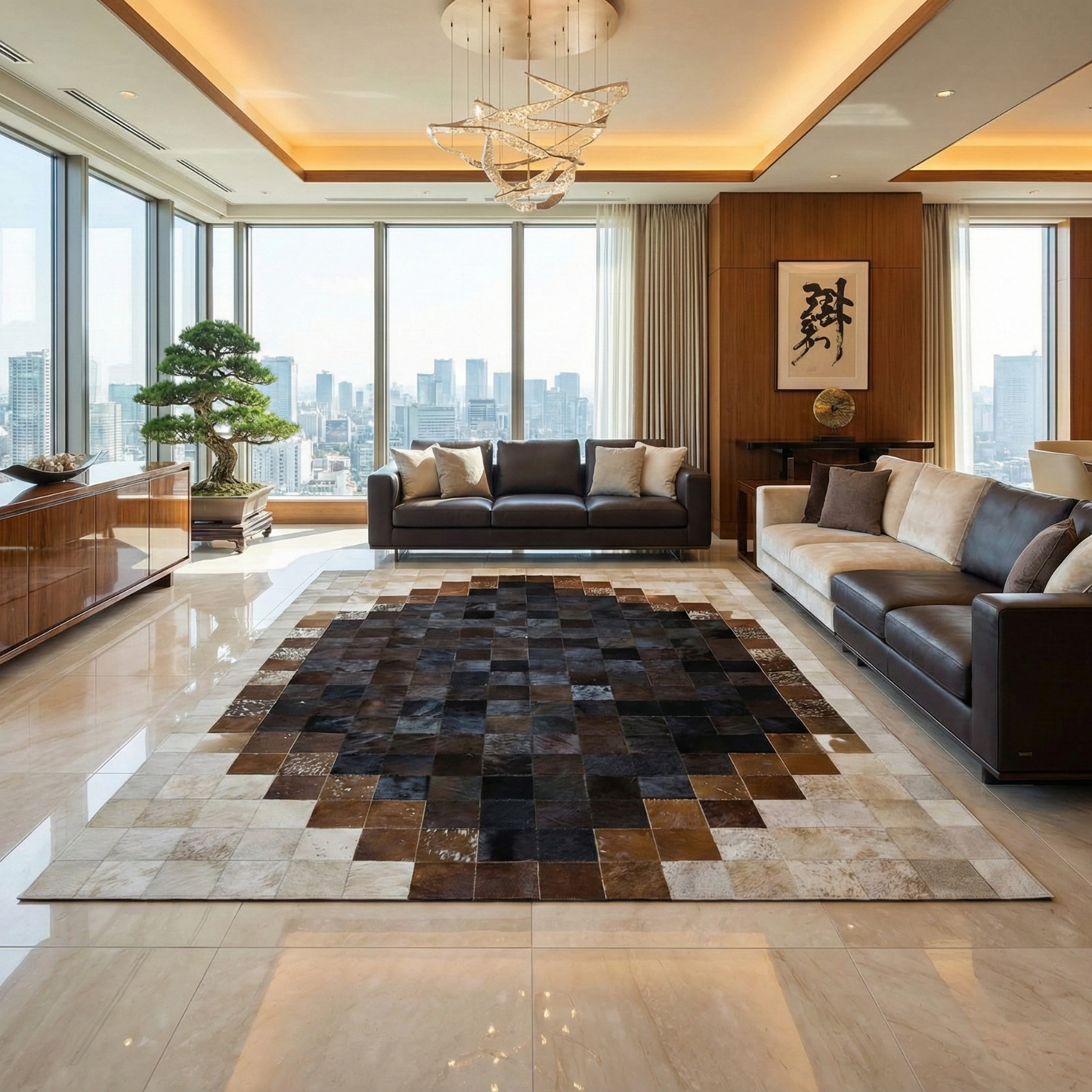 Elegant Brown and Cream Cowhide Rug, Handmade Natural Cowhide Patchwork Rug For Living Room, Perfect For Home Décor - WONDERFURRUG