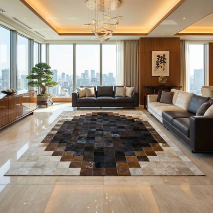 Elegant Brown and Cream Cowhide Rug, Handmade Natural Cowhide Patchwork Rug For Living Room, Perfect For Home Décor - WONDERFURRUG