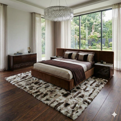 Handmade Gray Rabbit Fur Area Rug with Greek Key Border