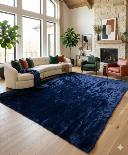 Deep Blue Genuine Rabbit Fur Rug — Handmade Luxury Statement Piece