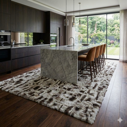 Handmade Gray Rabbit Fur Area Rug with Greek Key Border