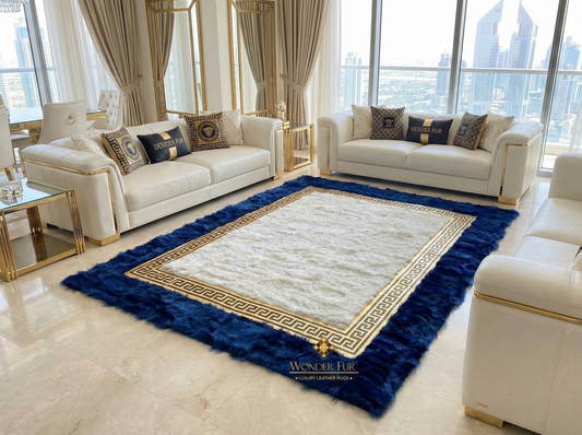 Handmade modern blue white sheepskin area rug in elegant living room setting