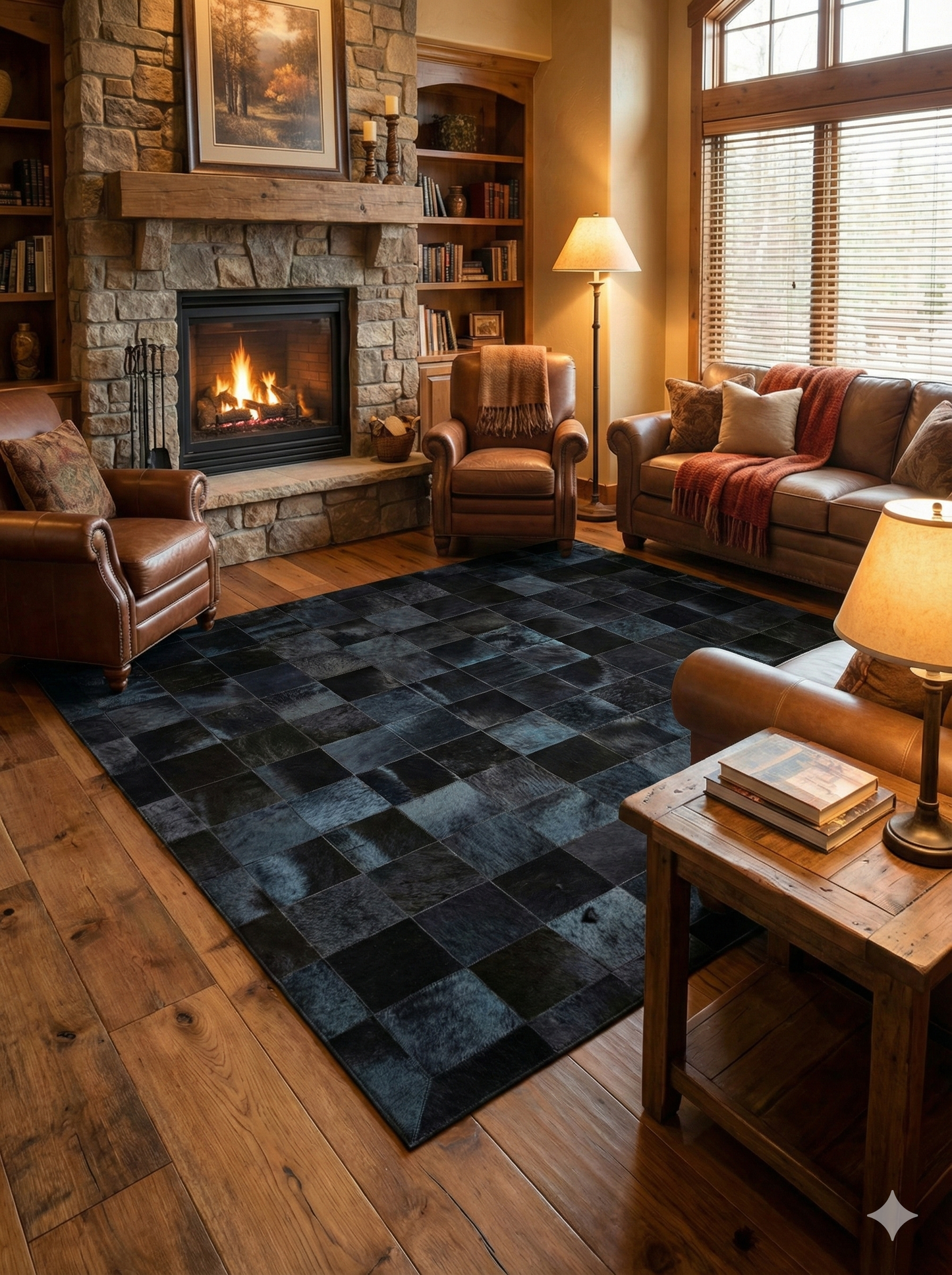 Luxury Natural Cowhide Patchwork rug for Living Room Decor, Black Area Rug