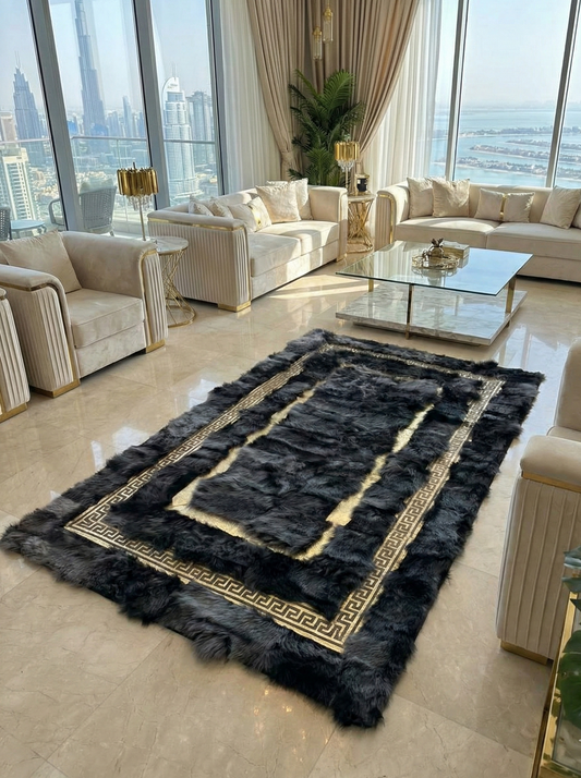 Handmade Natural Black Sheepskin Decor Office Rug,Leather Non Slip Rug