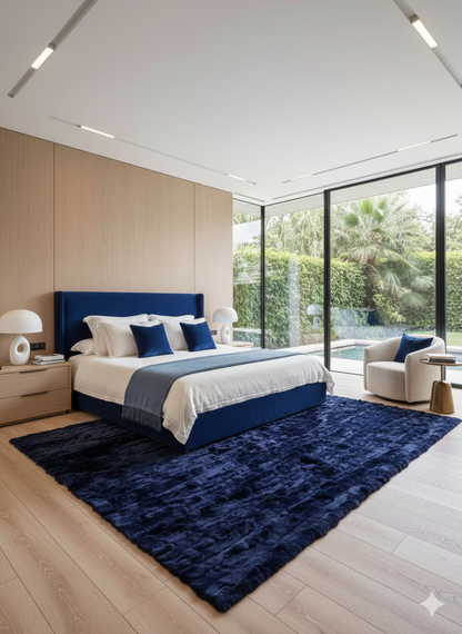 Deep Blue Genuine Rabbit Fur Rug — Handmade Luxury Statement Piece