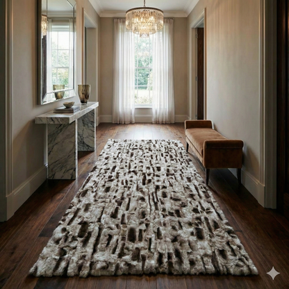 Handmade Gray Rabbit Fur Area Rug with Greek Key Border