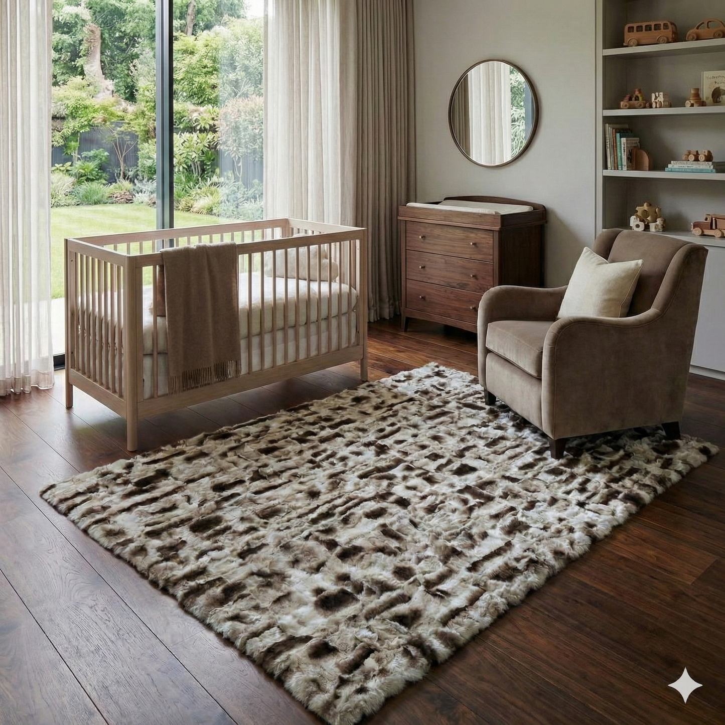 Handmade Gray Rabbit Fur Area Rug with Greek Key Border