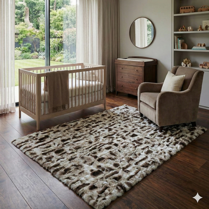 Handmade Gray Rabbit Fur Area Rug with Greek Key Border