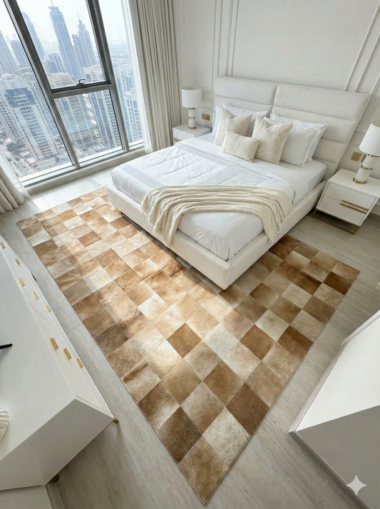 Beige Customizable Cowhide Area Floor Rug, Handmade Patchwork Rug, Luxury Carpet for Bed Room