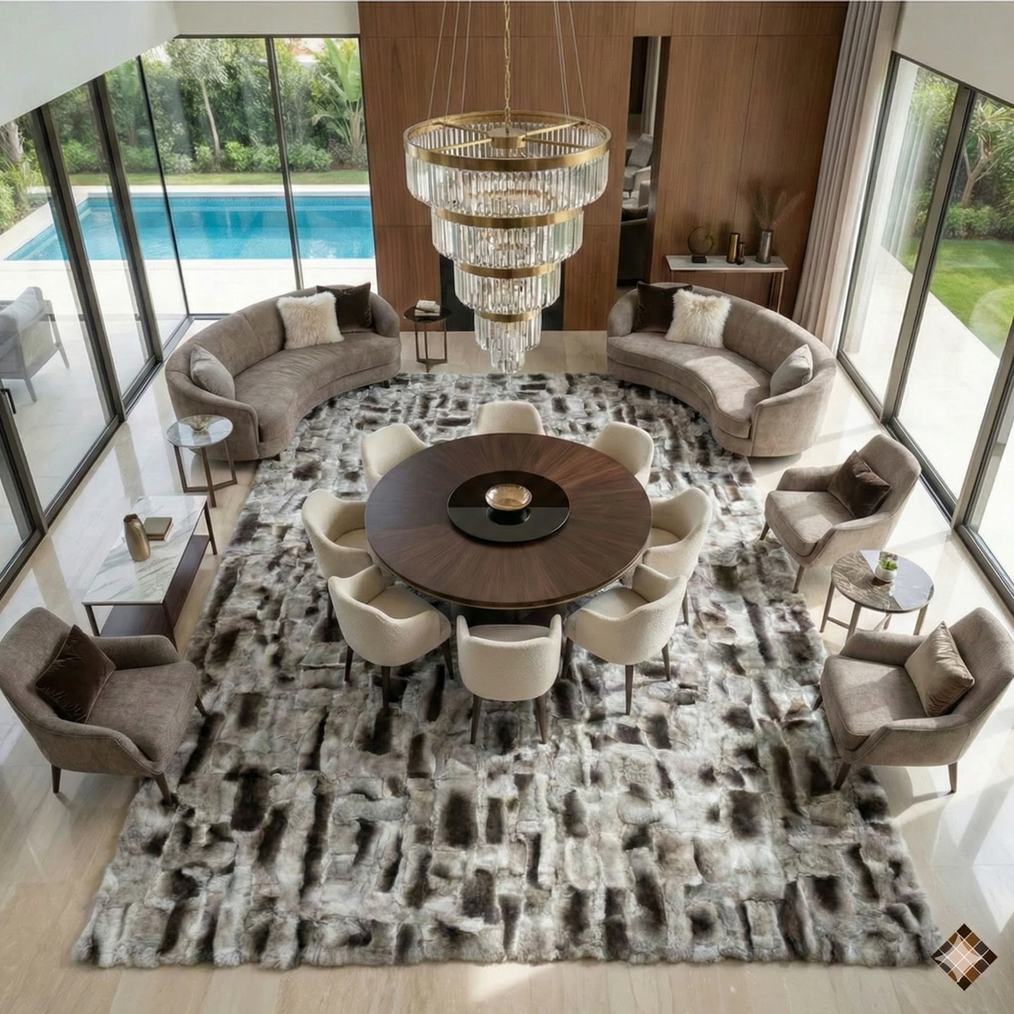 Handmade Gray Rabbit Fur Area Rug with Greek Key Border
