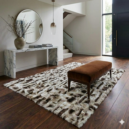 Handmade Gray Rabbit Fur Area Rug with Greek Key Border