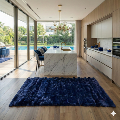 Deep Blue Genuine Rabbit Fur Rug — Handmade Luxury Statement Piece