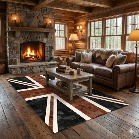 Handmade patchwork rug in black and brown cowhide, large 10x12, styled in rustic living room with stone fireplace and leather sofa