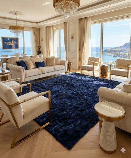 Deep Blue Genuine Rabbit Fur Rug — Handmade Luxury Statement Piece