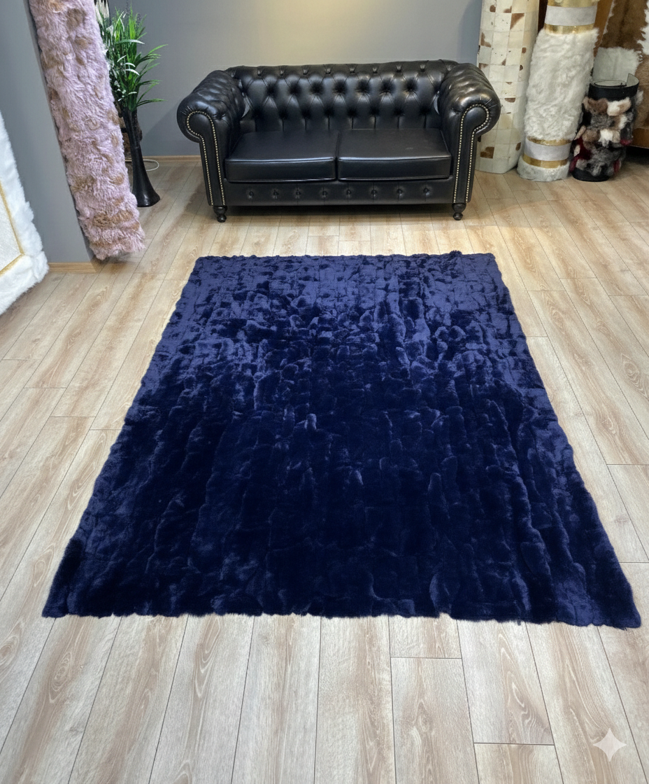 Deep Blue Genuine Rabbit Fur Rug — Handmade Luxury Statement Piece