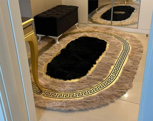 Genuine Decorative Beige Black Real Sheepskin Oval Rug , Handmade Rug