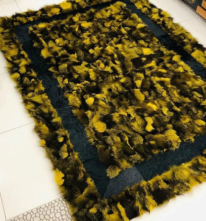 Genuine Elegant Soft Yellow Black Fox Fur 5x7 Area Office Fluffy Rug