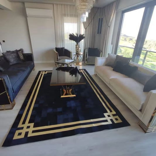 Genuine Leather Black And Gold Cowhide Living Room Rug , Handmade Rug