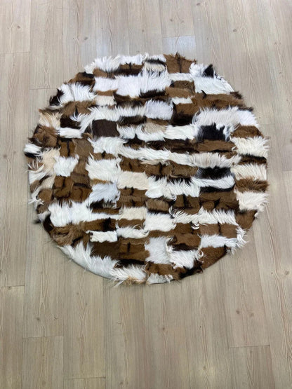 Genuine Sheepskin Multicolor Patchwork Handmade Leather Round Soft Rug