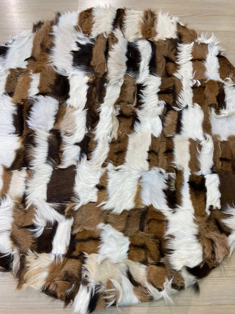 Genuine Sheepskin Multicolor Patchwork Handmade Leather Round Soft Rug