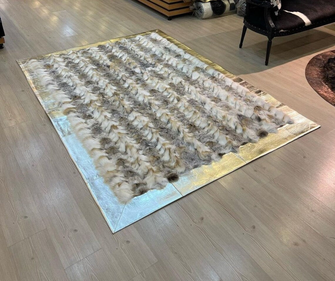 Genuine Soft White And Gray Fox Fur Bedroom Rug , Patchwork Rug