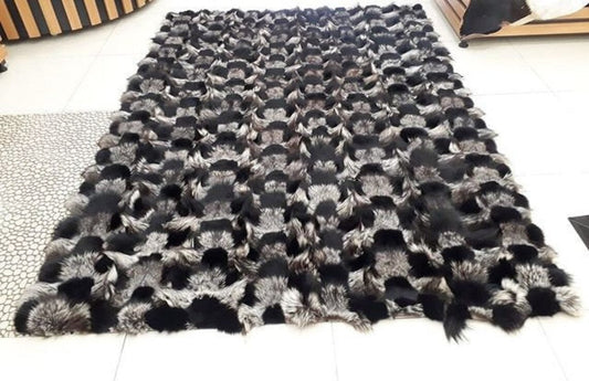 Genuine Unique Black And Gray Fox Fur Handmade Fluffy Shaggy Area Rug