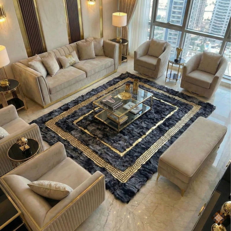 Genuine Charcoal Sheepskin Rug with Gold Greek Key Border