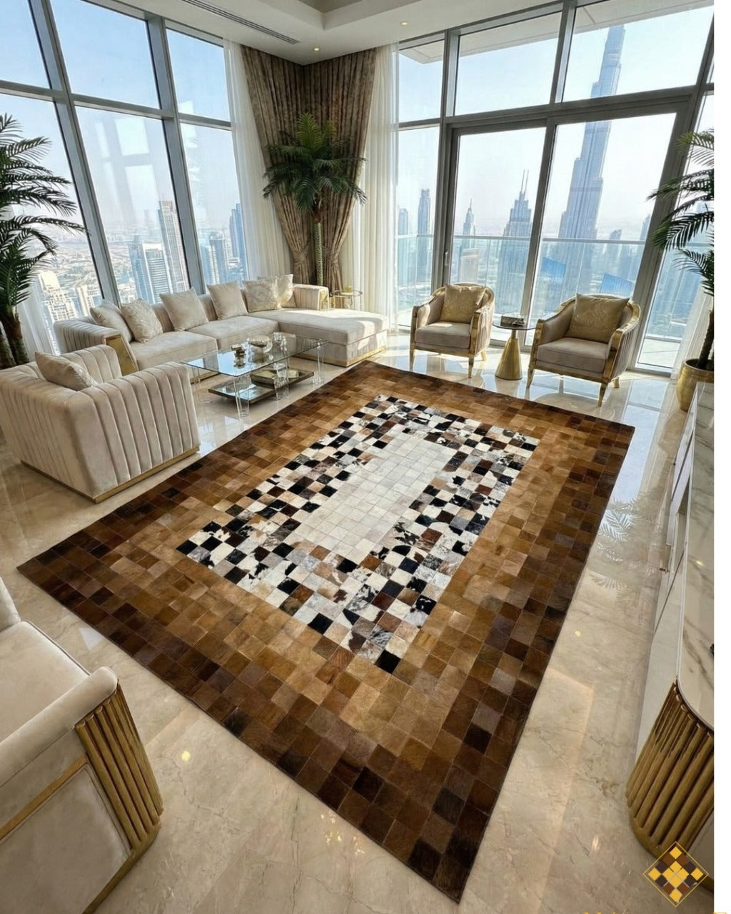 Genuine Cowhide Area Rug, Brown White Cowhide Patchwork Rug, Modern Rug