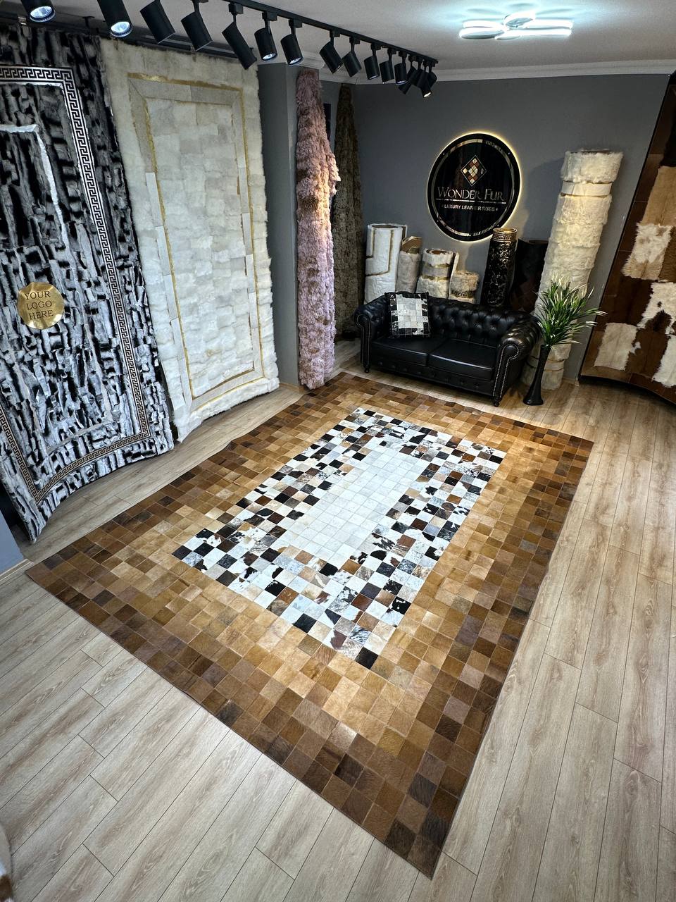 Genuine Cowhide Area Rug, Brown White Cowhide Patchwork Rug, Modern Rug