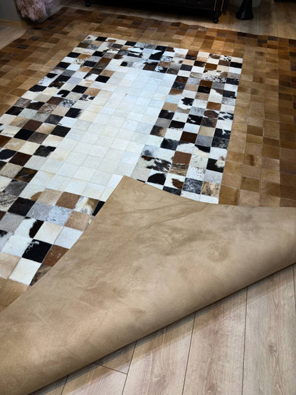 Genuine Cowhide Area Rug, Brown White Cowhide Patchwork Rug, Modern Rug