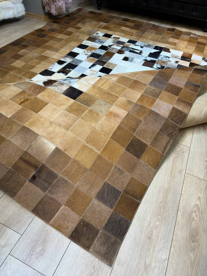 Genuine Cowhide Area Rug, Brown White Cowhide Patchwork Rug, Modern Rug