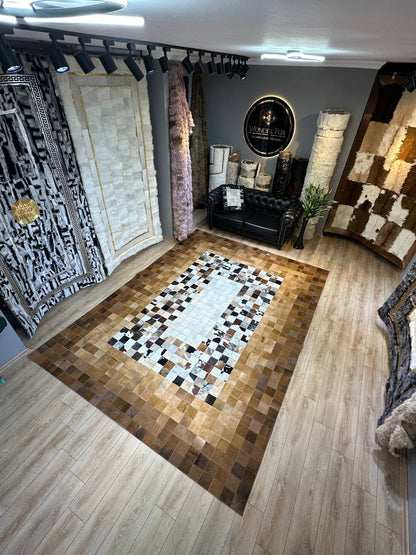 Genuine Cowhide Area Rug, Brown White Cowhide Patchwork Rug, Modern Rug