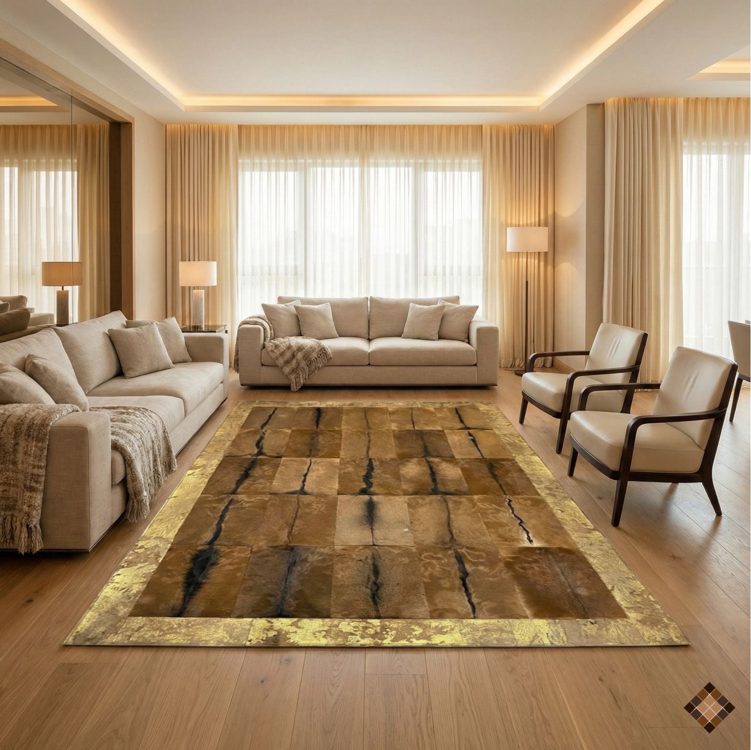 Genuine Goatskin Patchwork Rug with Gold Trim