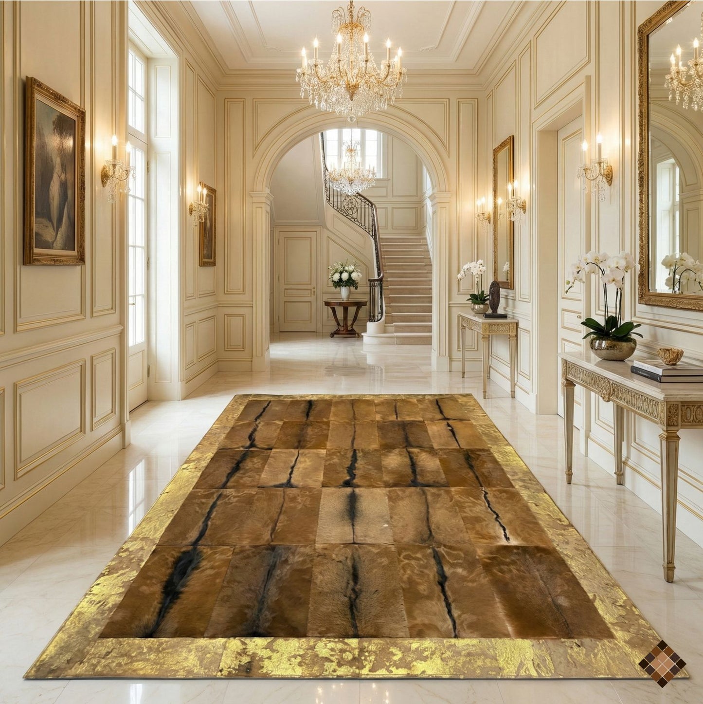 Genuine Goatskin Patchwork Rug with Gold Trim - WONDERFURRUG