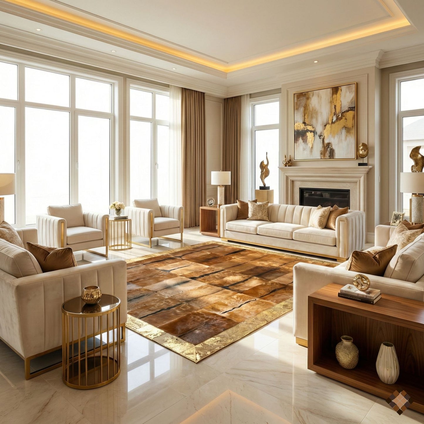 Genuine Goatskin Patchwork Rug with Gold Trim - WONDERFURRUG