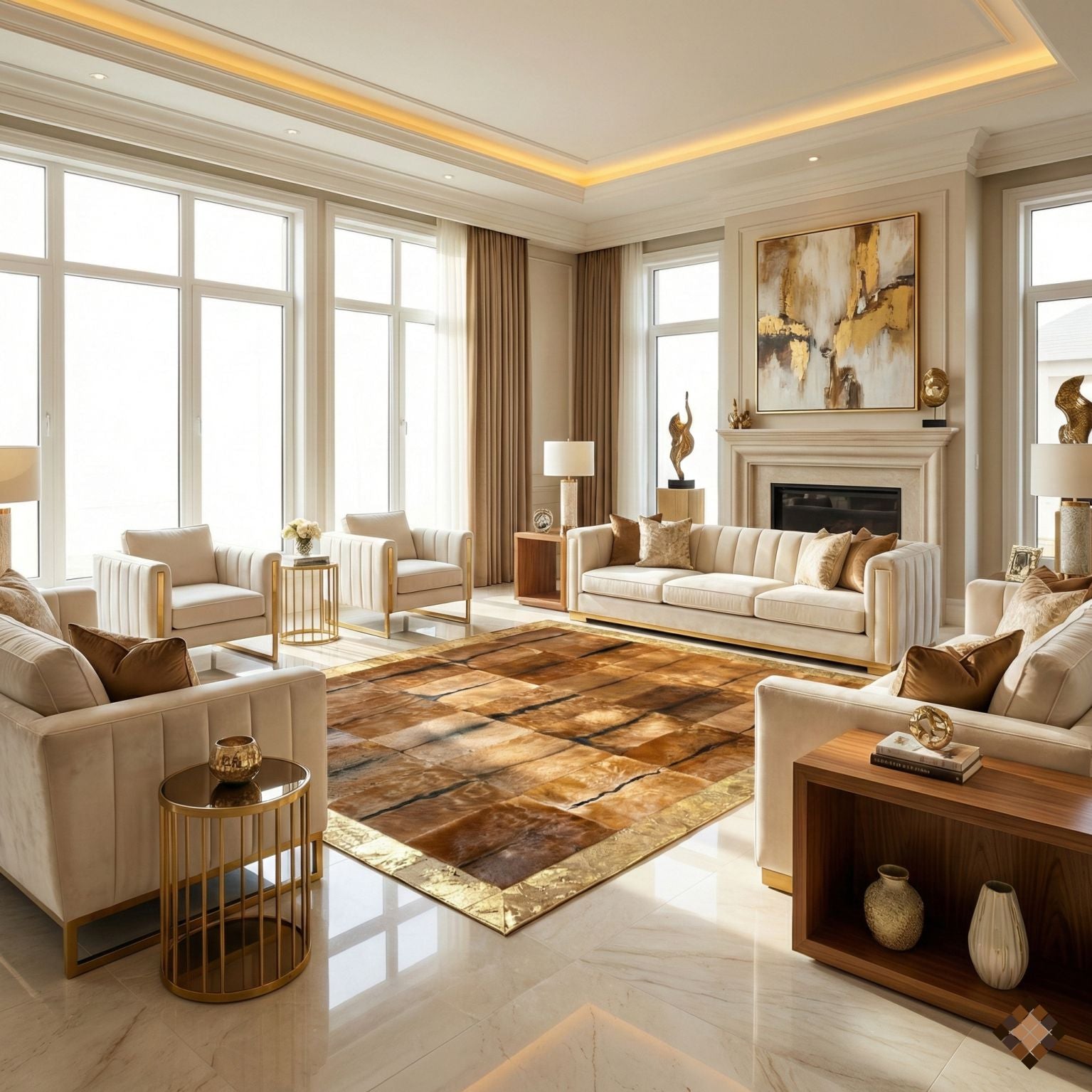 Genuine Goatskin Patchwork Rug with Gold Trim - WONDERFURRUG