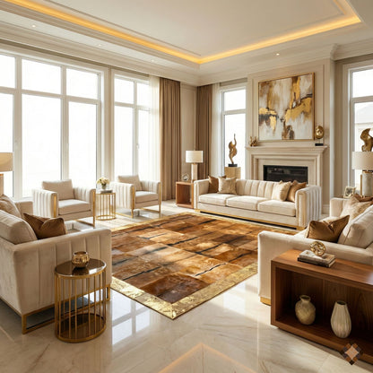Genuine Goatskin Patchwork Rug with Gold Trim - WONDERFURRUG