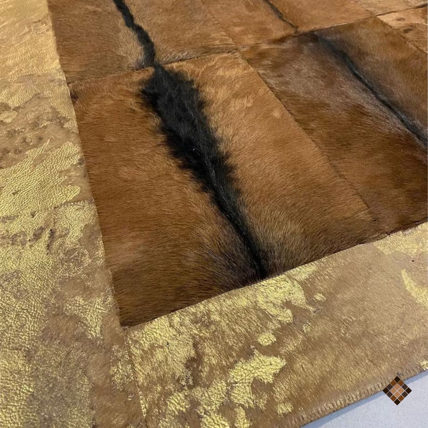 Genuine Goatskin Patchwork Rug with Gold Trim - WONDERFURRUG