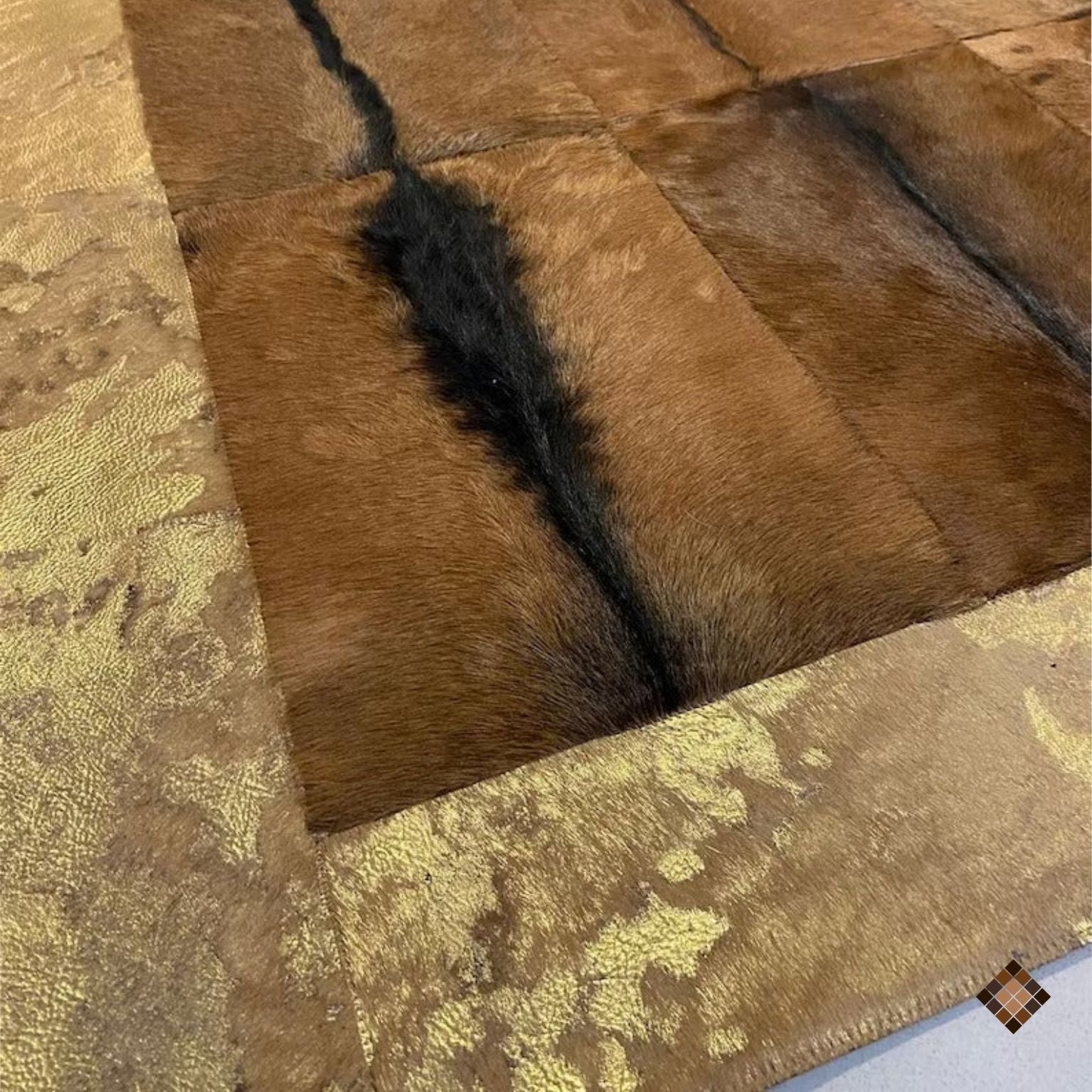 Genuine Goatskin Patchwork Rug with Gold Trim - WONDERFURRUG