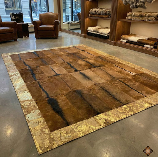 Genuine Goatskin Patchwork Rug with Gold Trim - WONDERFURRUG