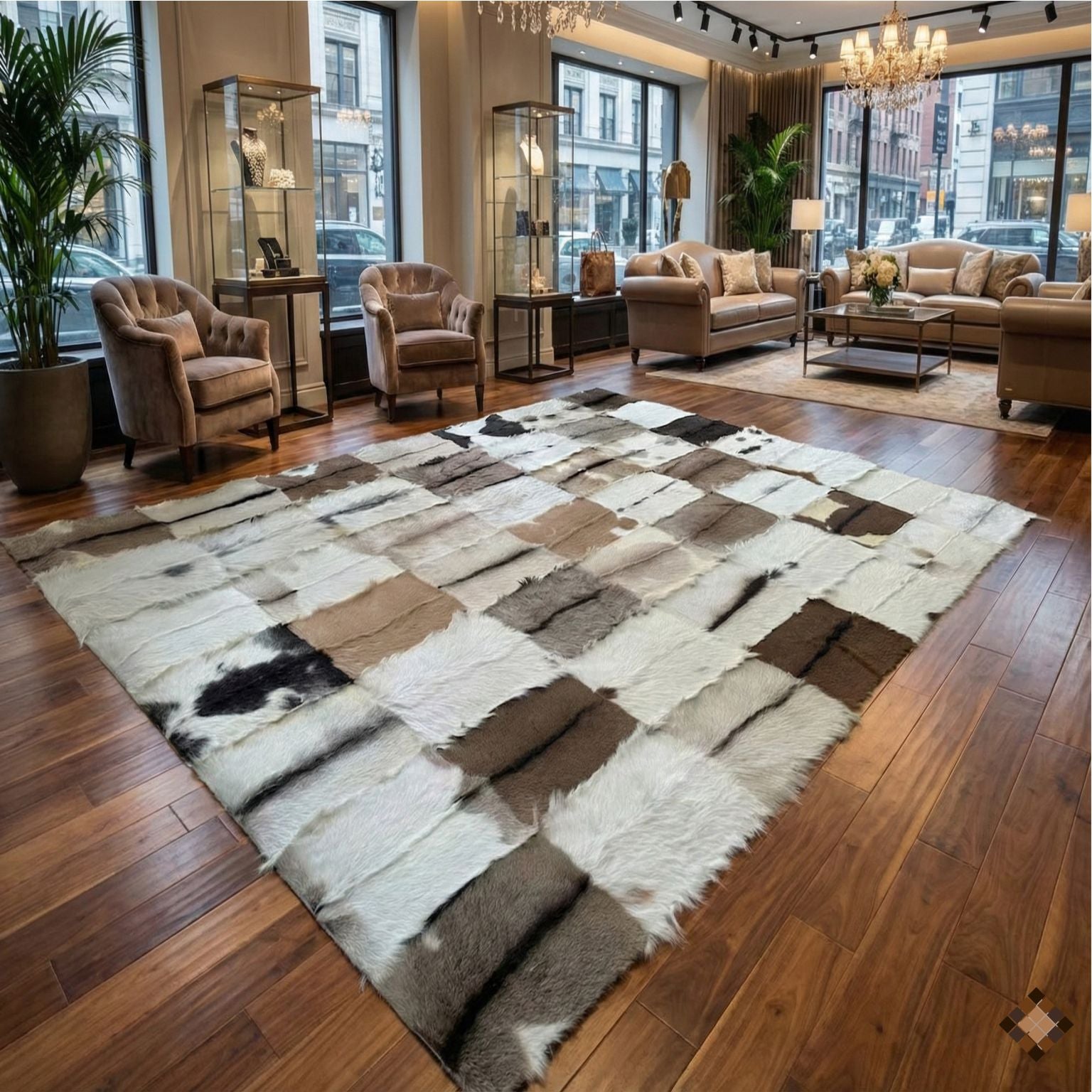 Genuine Goatskin Patchwork Rug with Gold Trim – Handmade Luxury Hide