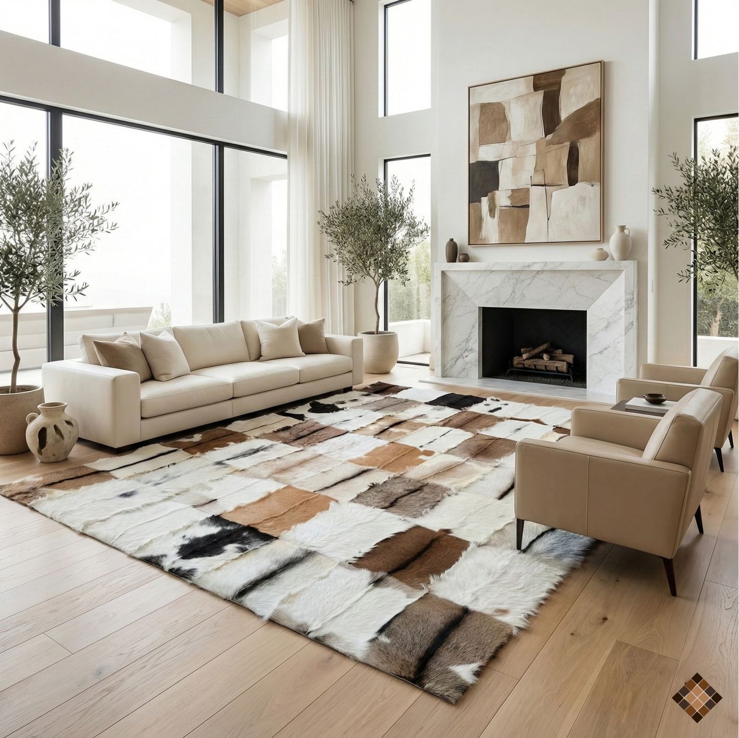 Genuine Goatskin Patchwork Rug with Gold Trim – Handmade Luxury Hide